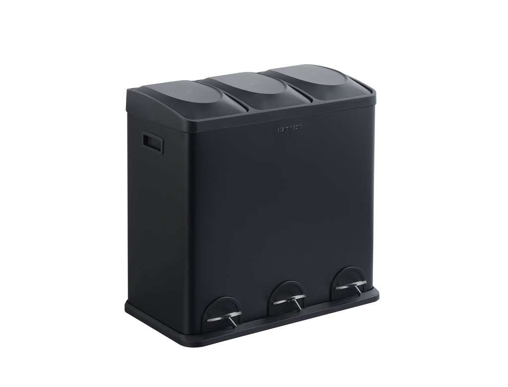 Step N’ Sort 60L 3-Compartment Kitchen Recycling Bin – Triple Waste & Recycling System with Step Pedals (Black Stainless Steel)