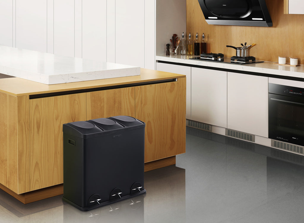 Step N’ Sort 60L 3-Compartment Kitchen Recycling Bin – Triple Waste & Recycling System with Step Pedals (Black Stainless Steel)