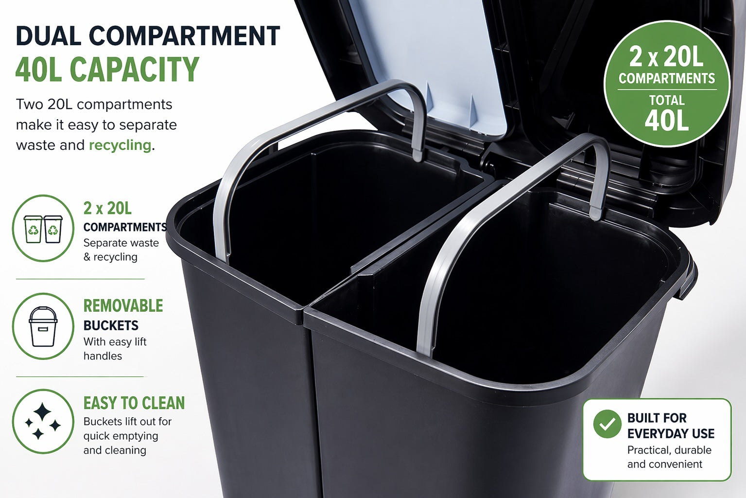Step N’ Sort 40L Dual Compartment Recycling Bin – Slim Space-Saving Kitchen Waste System (2 × 20L), Black