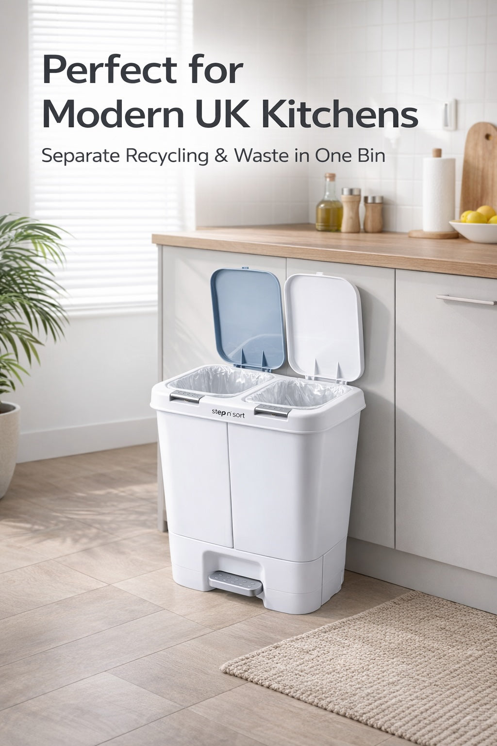 Step N’ Sort 40L Dual Compartment Recycling Bin – Slim Space-Saving Kitchen Waste System (2 × 20L), White