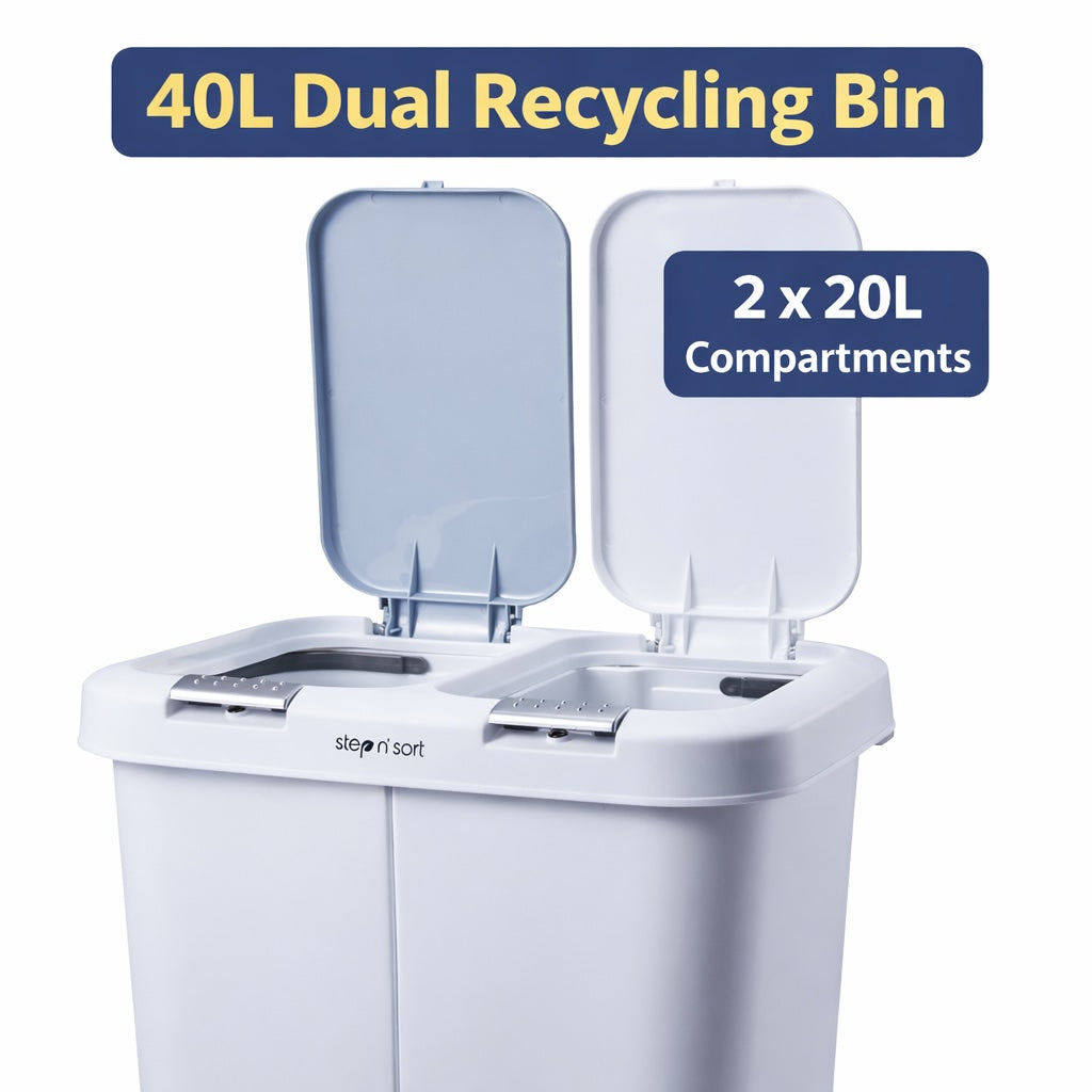 Step N’ Sort 40L Dual Compartment Recycling Bin – Slim Space-Saving Kitchen Waste System (2 × 20L), White