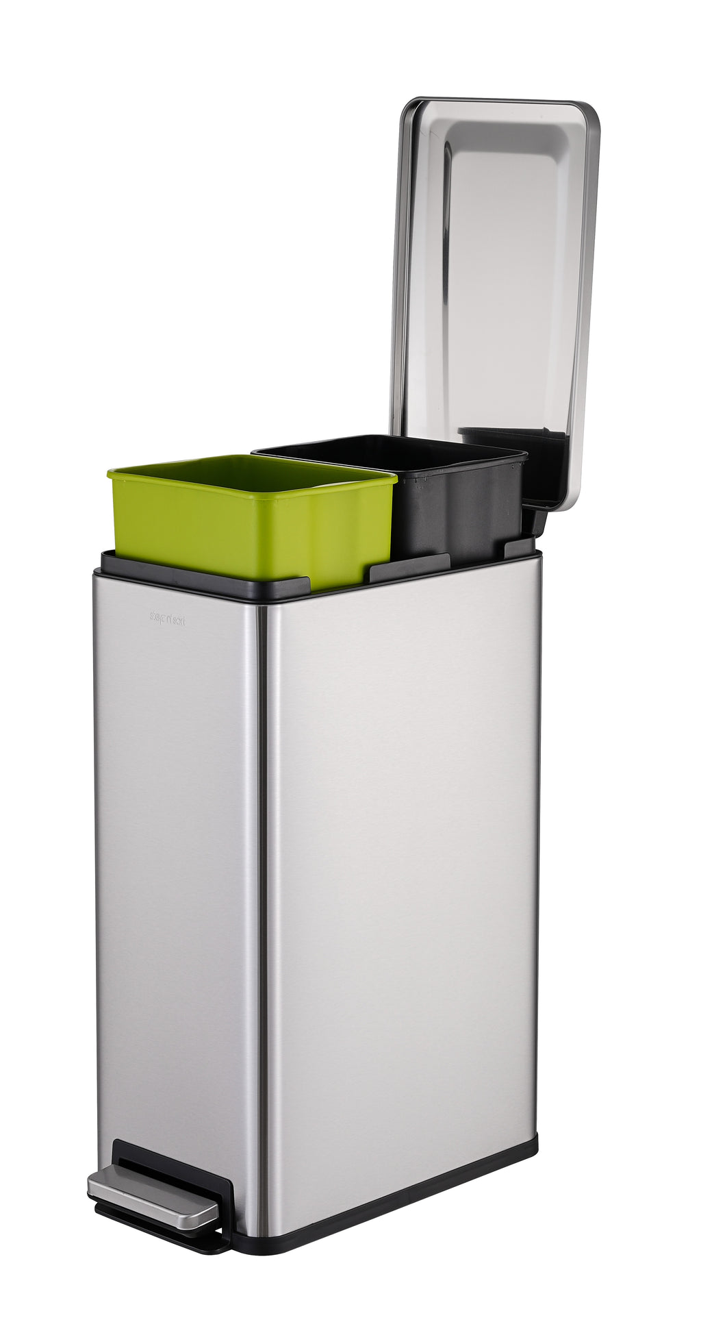 Step N' Sort Slim Dual Recycling Bin – 43L (2 x 21.5L) Soft Close Kitchen Trash Can – Space Saving , Stainless Steel