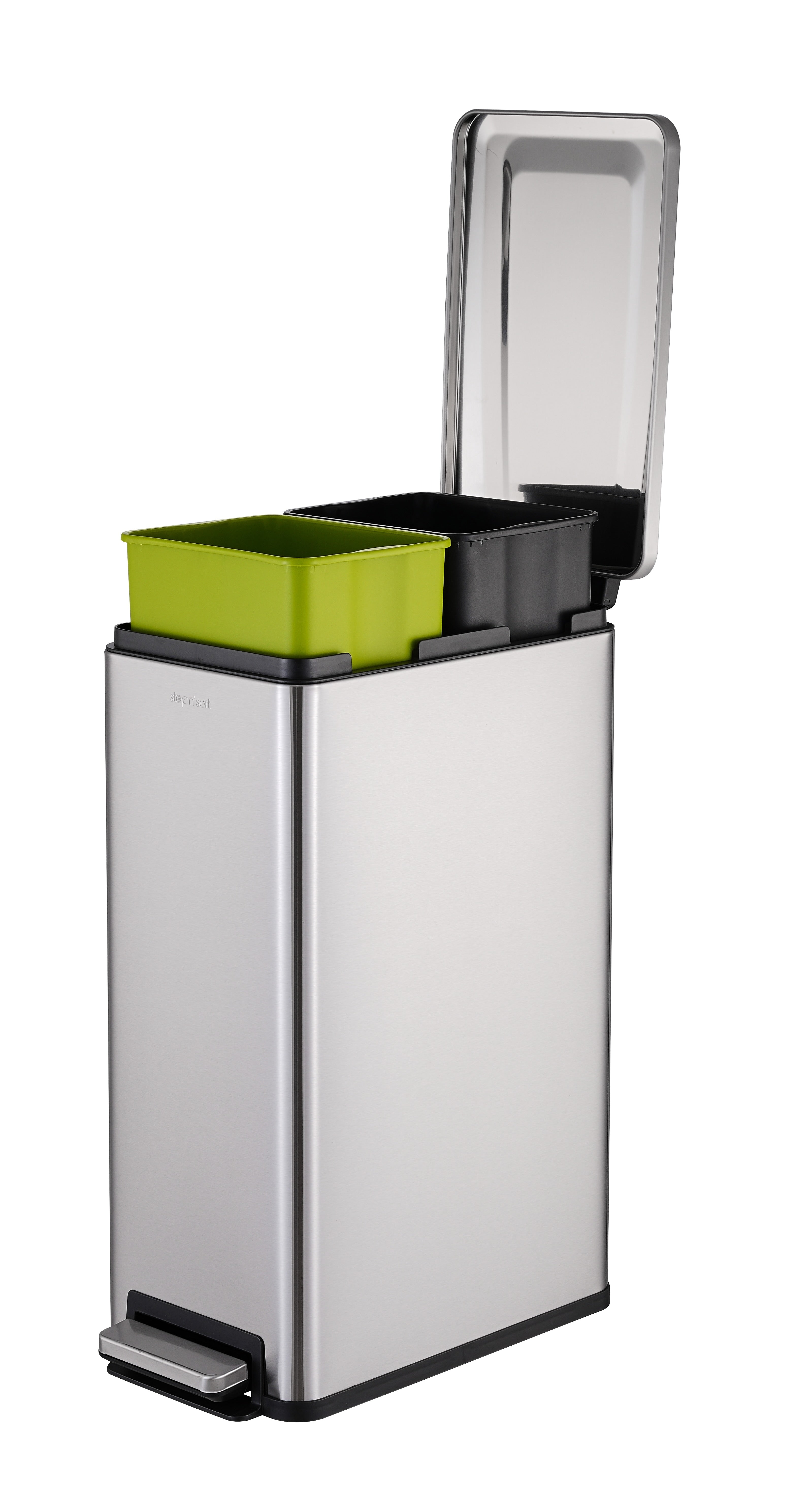 Step N' Sort Slim Dual Recycling Bin – 43L (2 x 21.5L) Soft Close Kitchen Trash Can – Space Saving , Stainless Steel