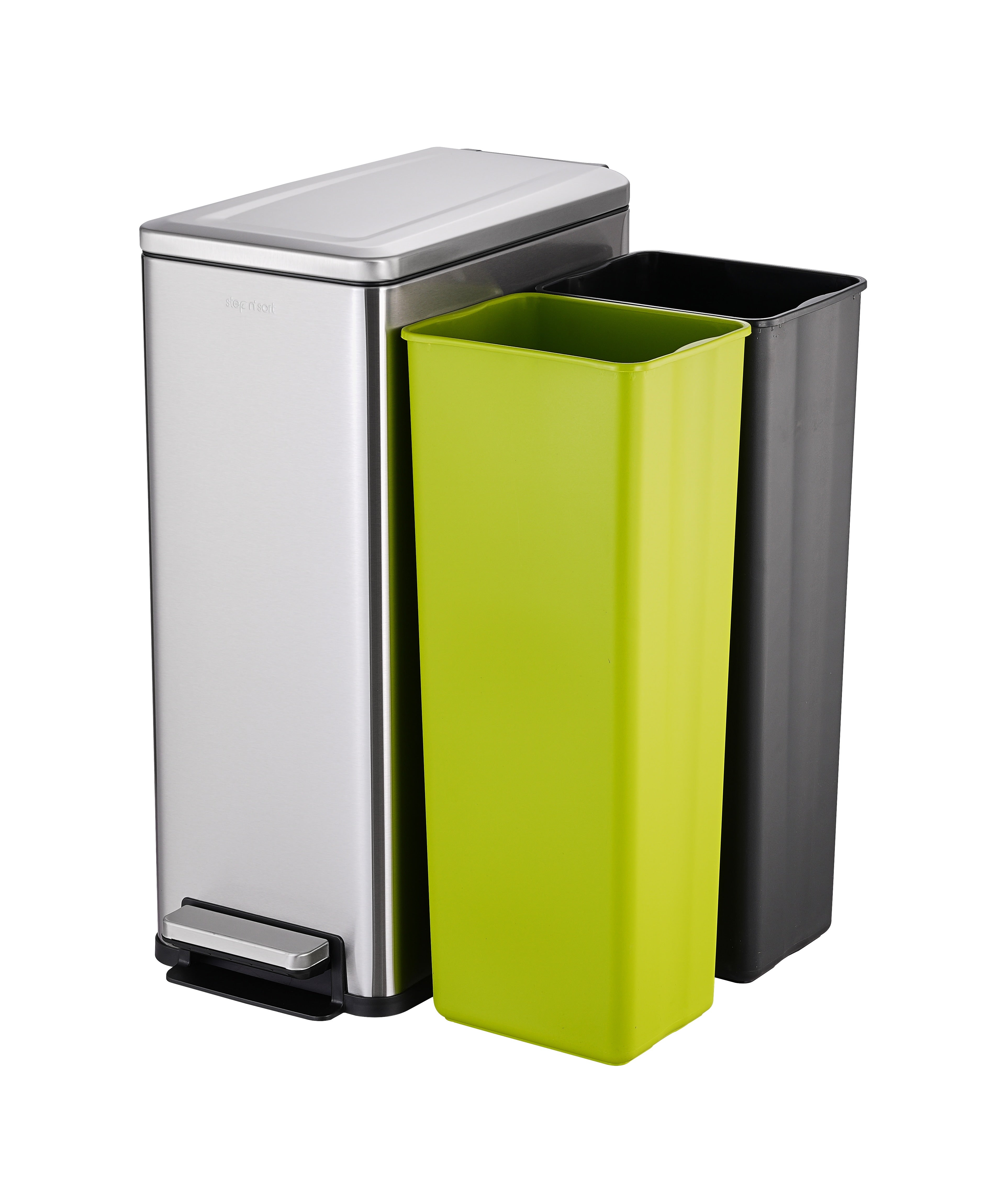 Step N' Sort Slim Dual Recycling Bin – 43L (2 x 21.5L) Soft Close Kitchen Trash Can – Space Saving , Stainless Steel