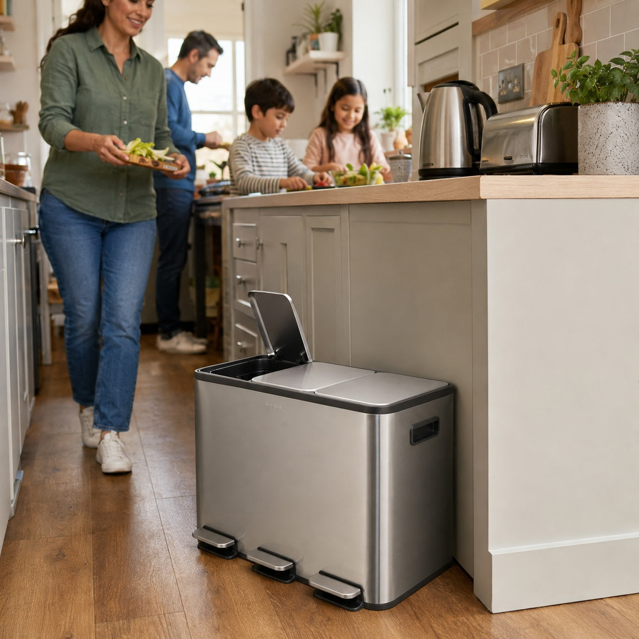 Step N’ Sort 48L 3-Compartment Kitchen Recycling Bin – Triple Waste & Recycling System (3 × 16L), Stainless Steel