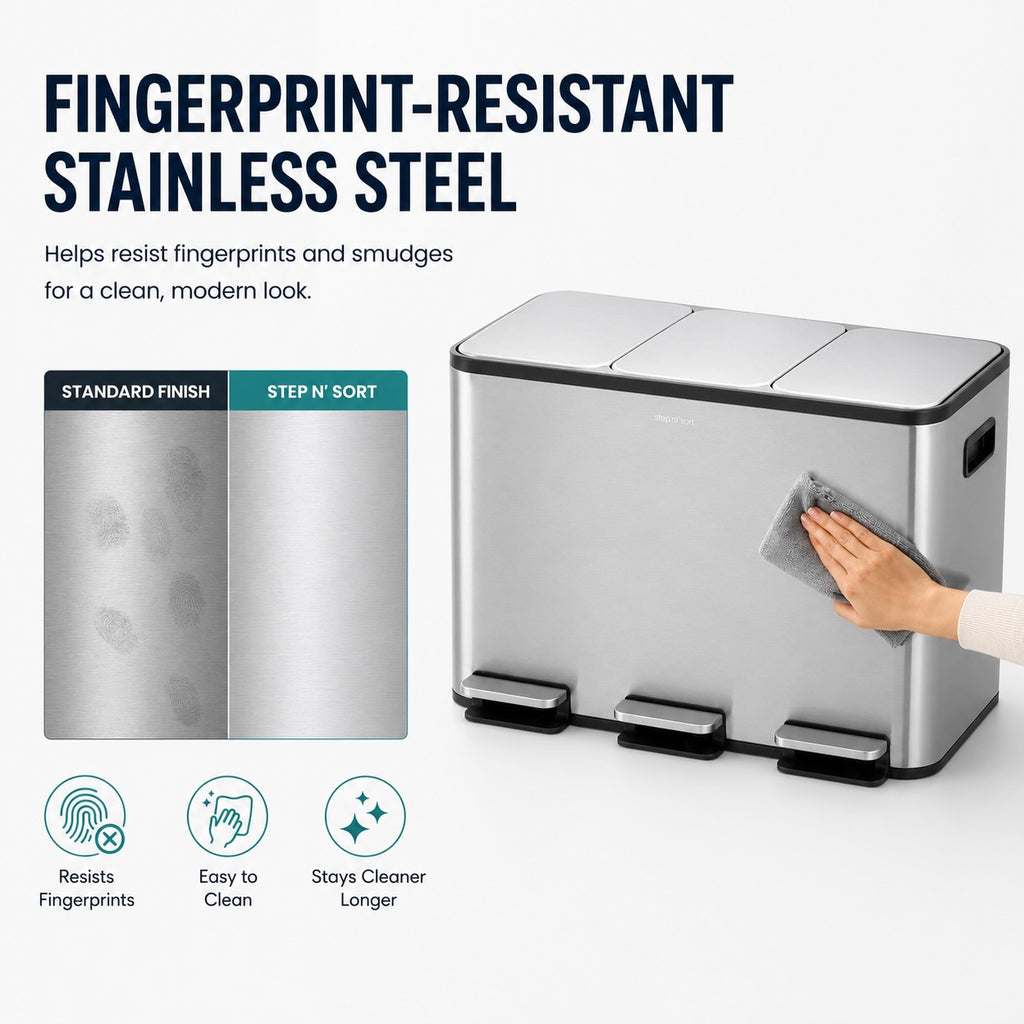 Step N’ Sort 48L 3-Compartment Kitchen Recycling Bin – Triple Waste & Recycling System (3 × 16L), Stainless Steel