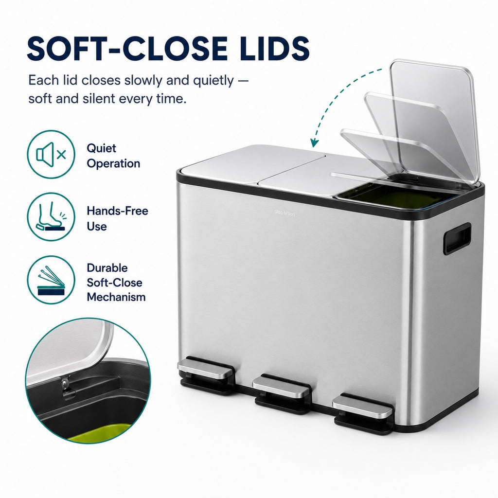 Step N’ Sort 48L 3-Compartment Kitchen Recycling Bin – Triple Waste & Recycling System (3 × 16L), Stainless Steel
