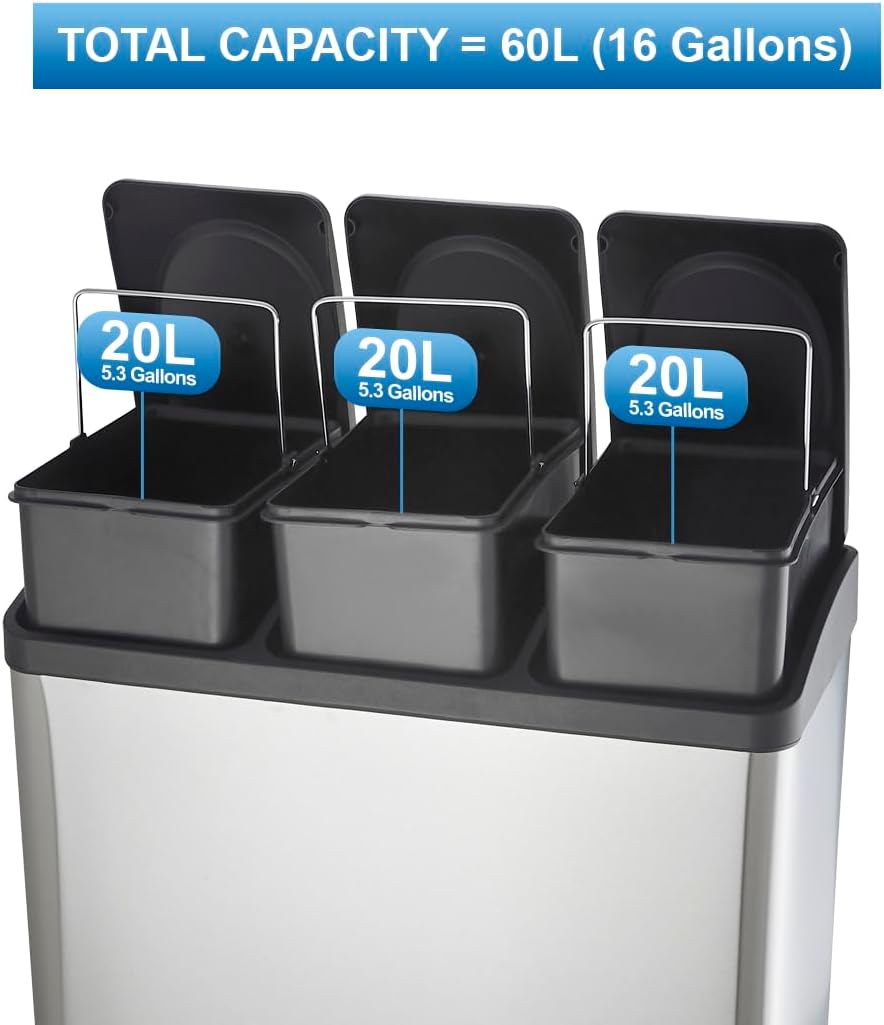 Step N’ Sort 60L 3-Compartment Kitchen Recycling Bin – Triple Waste & Recycling System with Step Pedals (Stainless Steel)