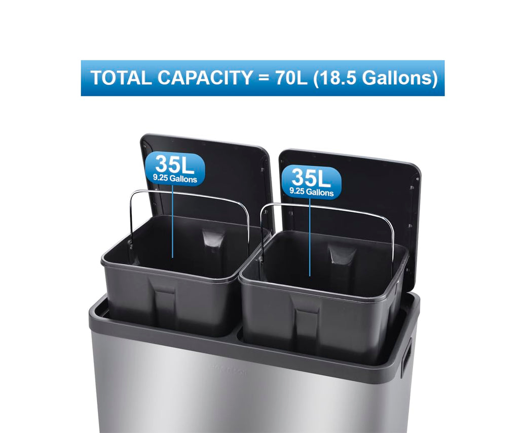 Step N’ Sort 70L Dual Compartment Stainless Steel Rubbish & Recycling Bin – Soft-Close Lid, Hands-Free Pedals, Removable Inner Bins