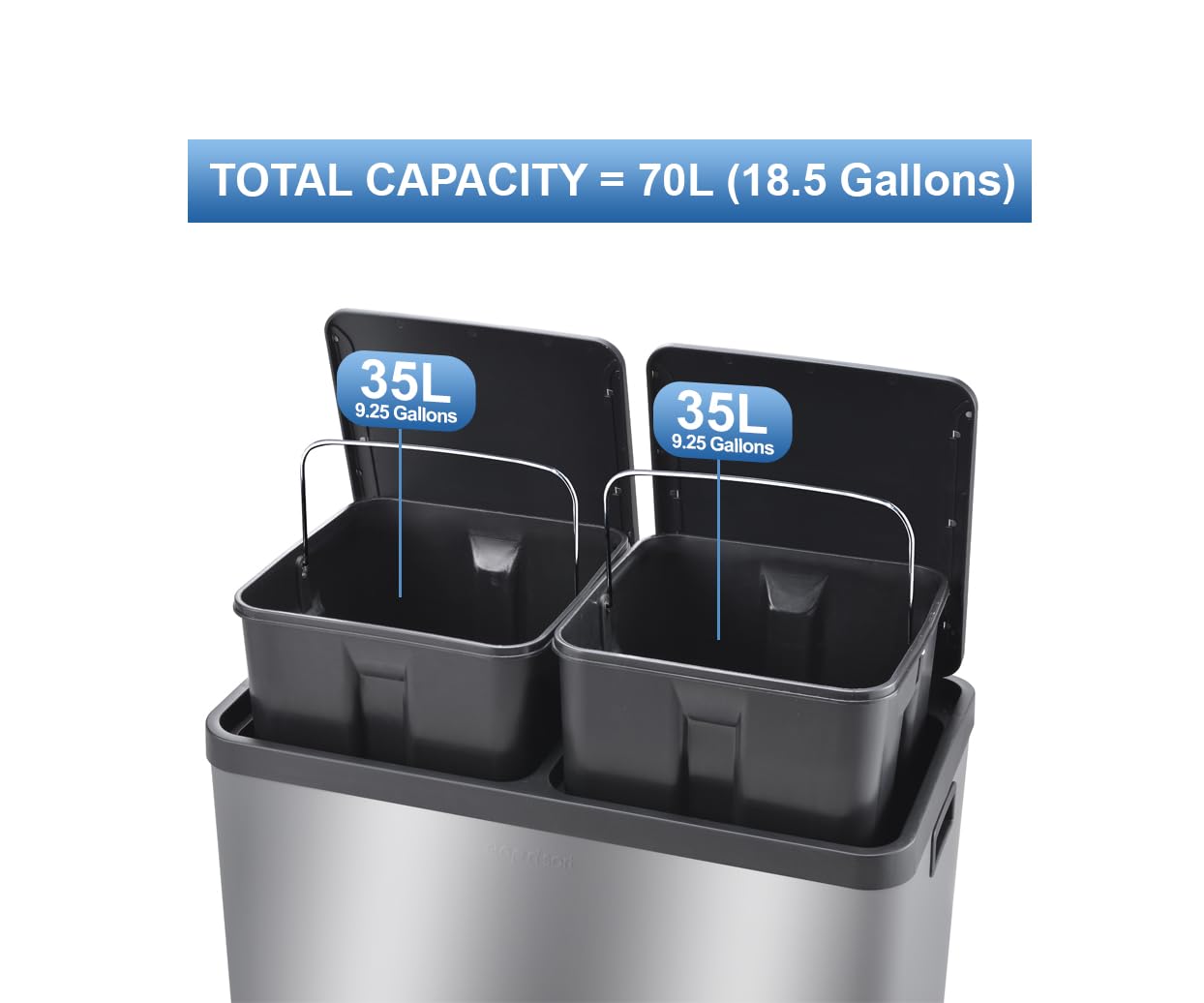 Step N’ Sort 70L Dual Compartment Stainless Steel Rubbish & Recycling Bin – Soft-Close Lid, Hands-Free Pedals, Removable Inner Bins