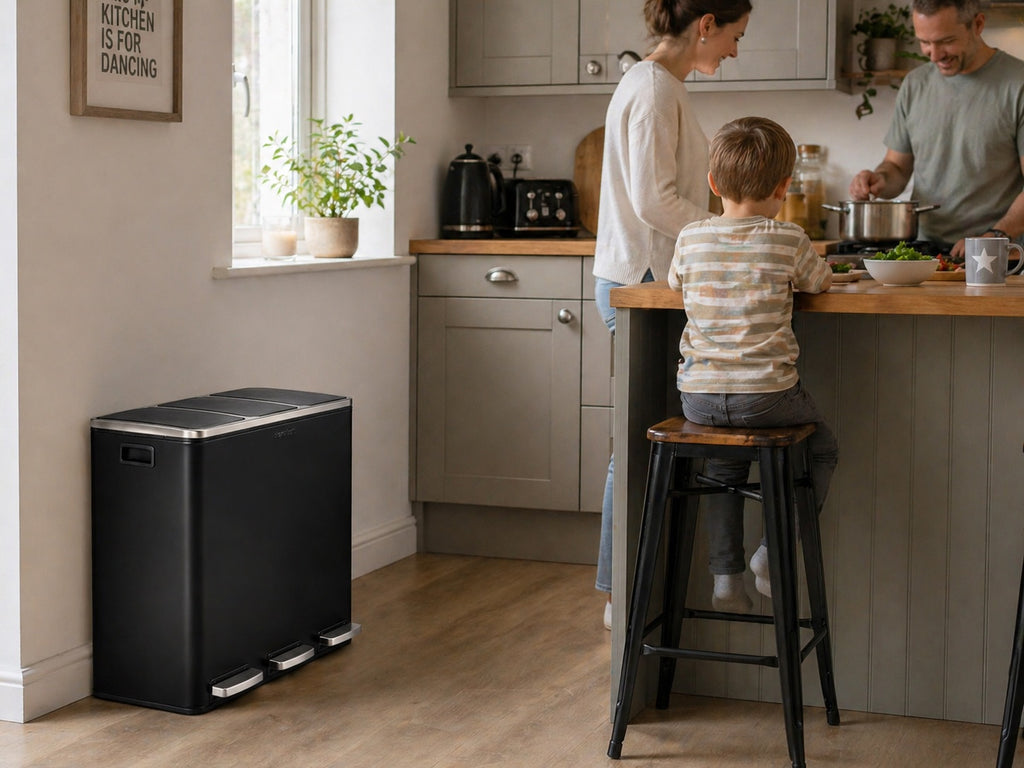 Step N’ Sort 54L 3-Compartment Kitchen Recycling Bin – Triple Waste & Recycling System with Step Pedals (Black Stainless Steel)