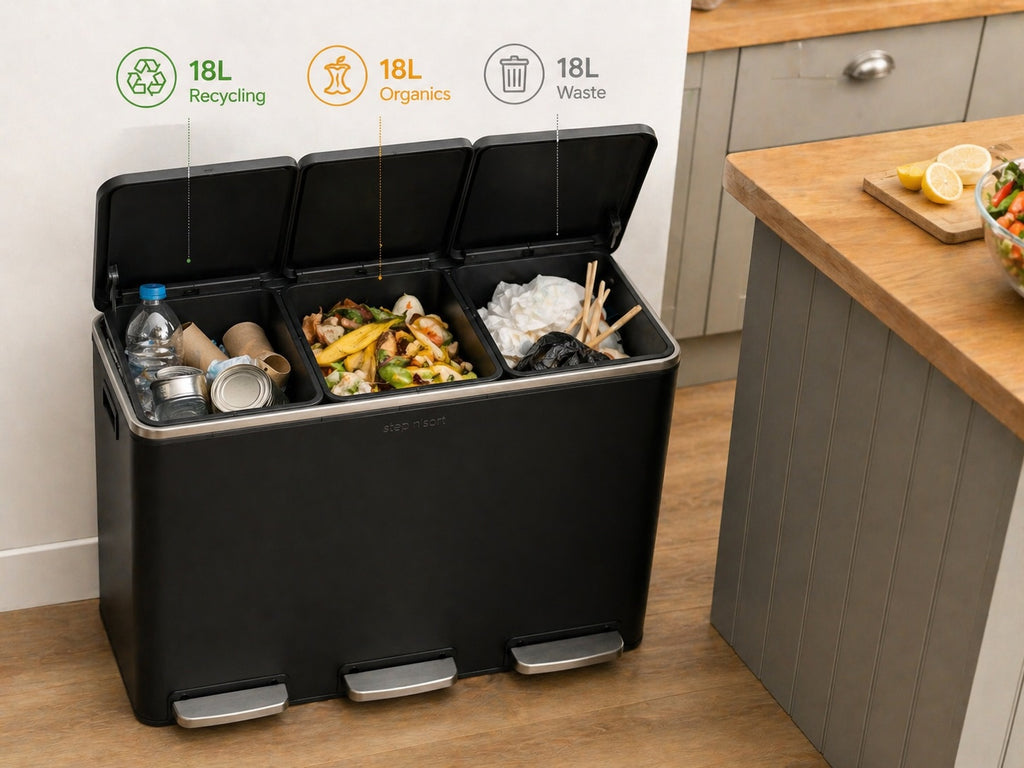 Step N’ Sort 54L 3-Compartment Kitchen Recycling Bin – Triple Waste & Recycling System with Step Pedals (Black Stainless Steel)