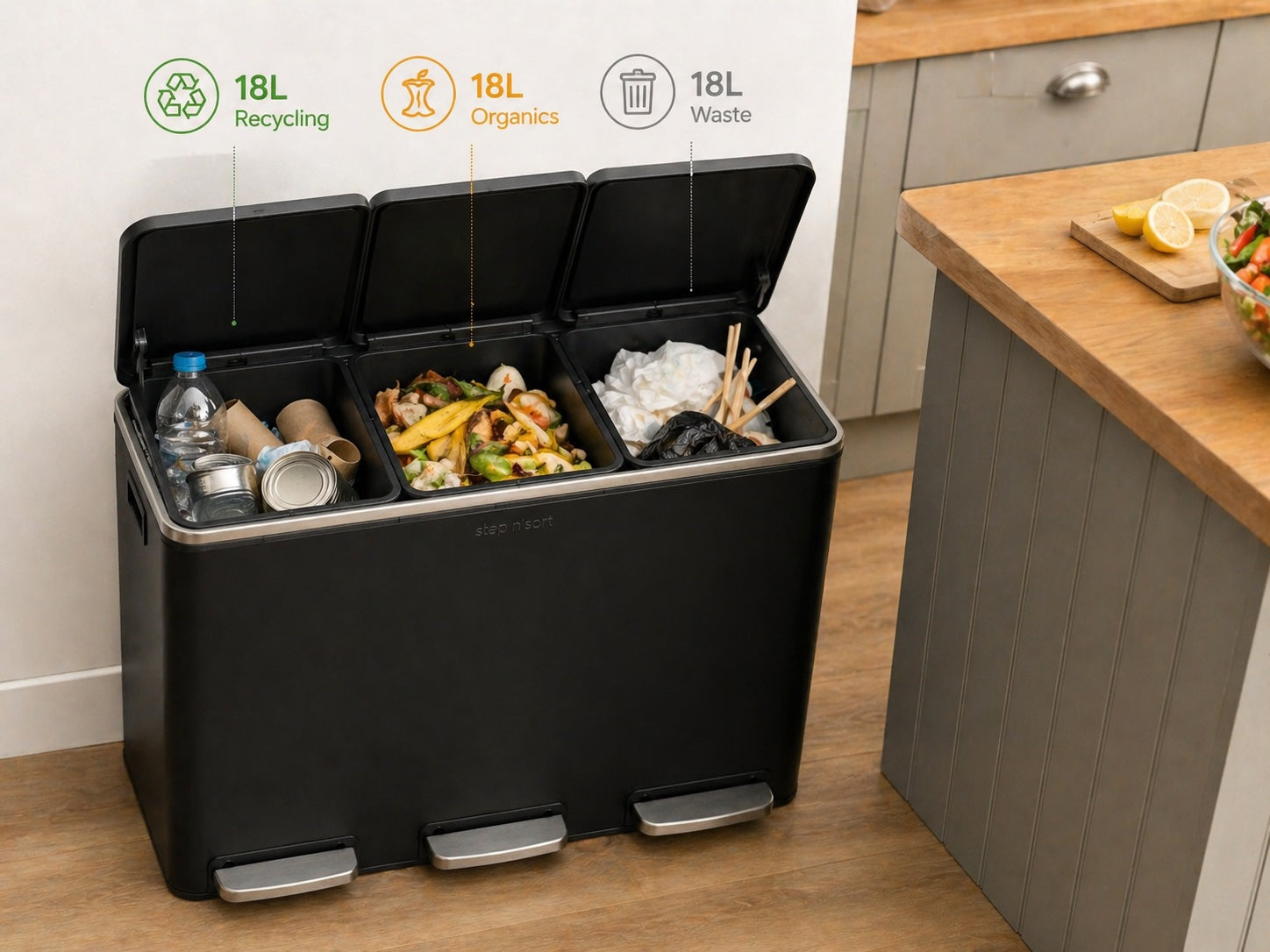 Step N’ Sort 54L 3-Compartment Kitchen Recycling Bin – Triple Waste & Recycling System with Step Pedals (Black Stainless Steel)