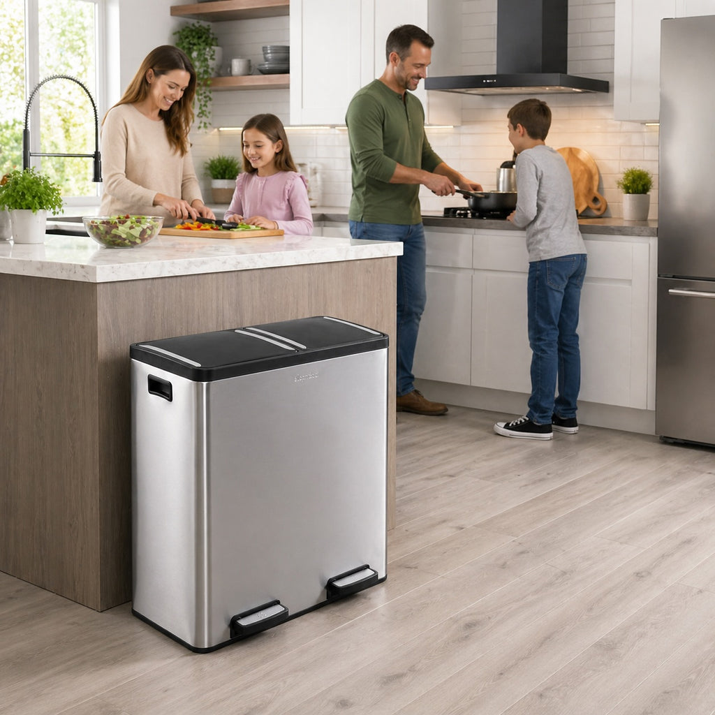 Step N’ Sort 70L Dual Compartment Stainless Steel Rubbish & Recycling Bin – Soft-Close Lid, Hands-Free Pedals, Removable Inner Bins
