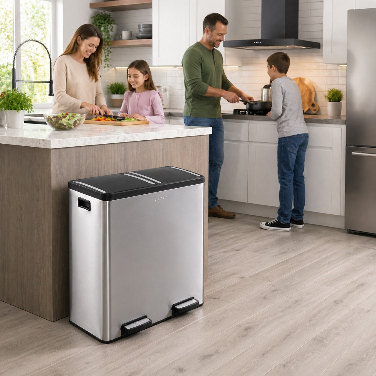 Step N’ Sort 70L Dual Compartment Stainless Steel Rubbish & Recycling Bin – Soft-Close Lid, Hands-Free Pedals, Removable Inner Bins