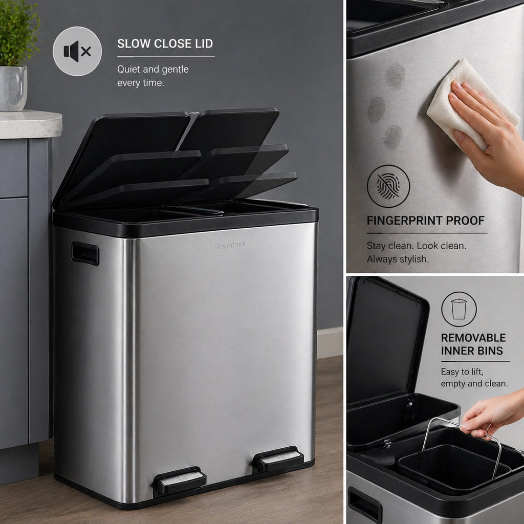 Step N’ Sort 70L Dual Compartment Stainless Steel Rubbish & Recycling Bin – Soft-Close Lid, Hands-Free Pedals, Removable Inner Bins