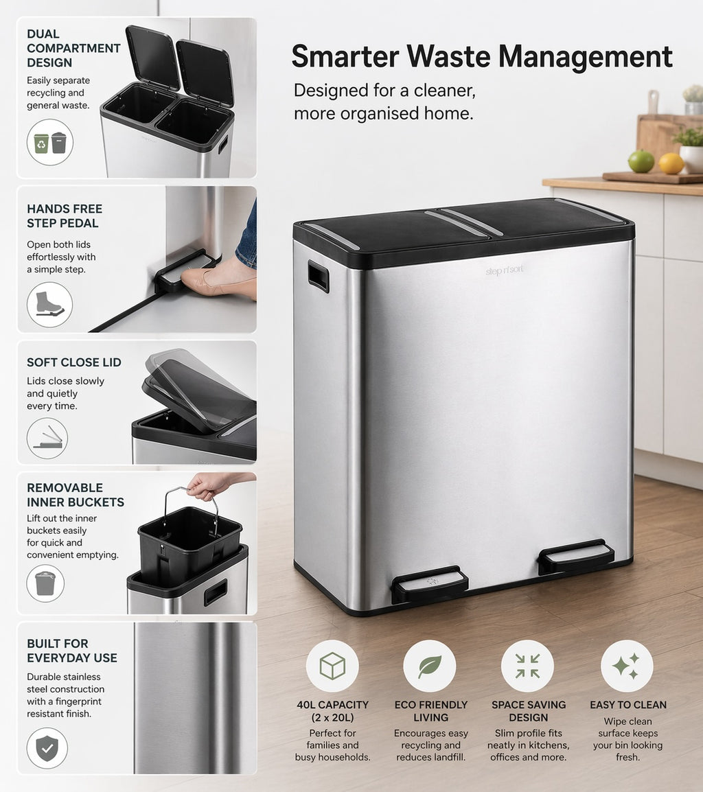 Step N’ Sort 70L Dual Compartment Stainless Steel Rubbish & Recycling Bin – Soft-Close Lid, Hands-Free Pedals, Removable Inner Bins