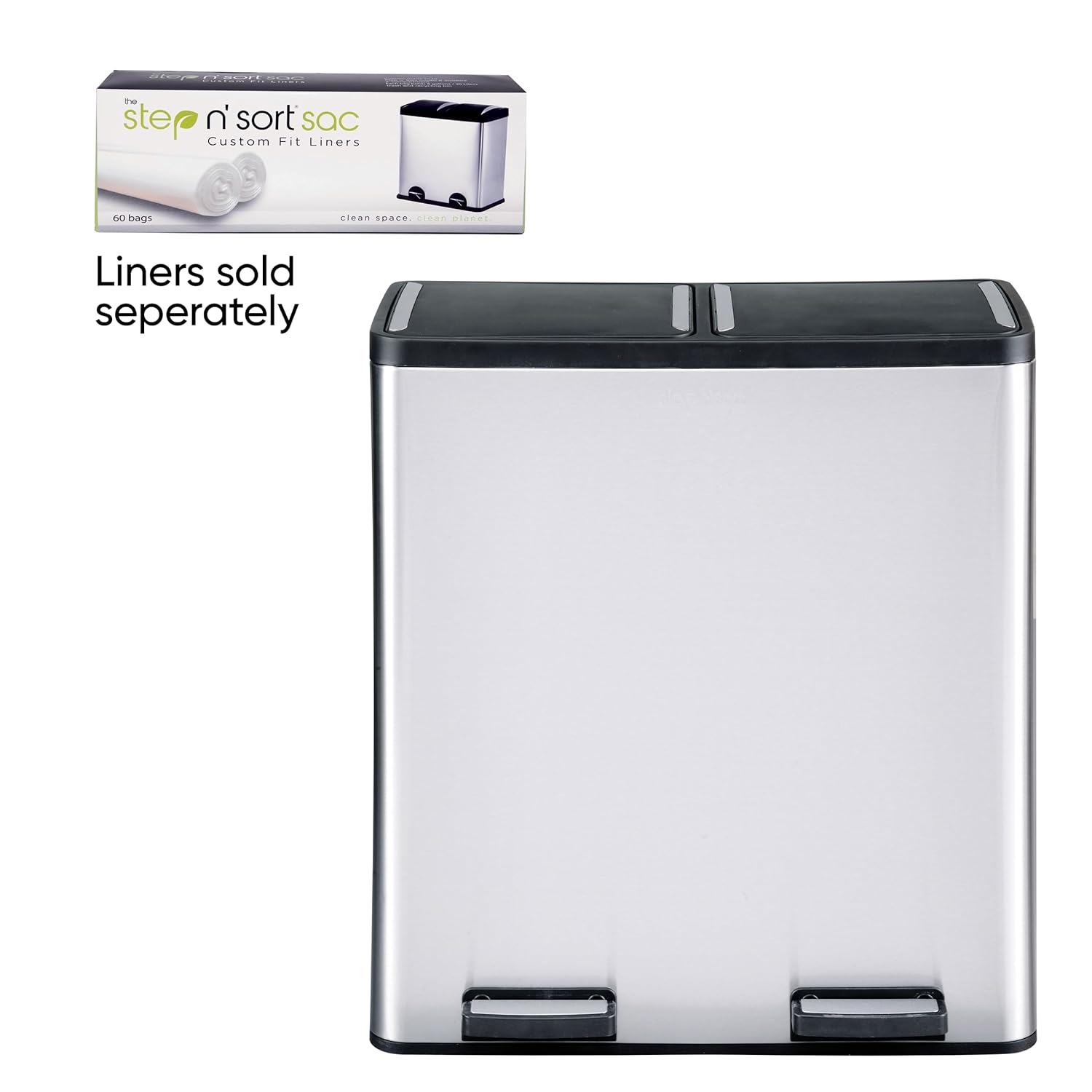 Step N’ Sort 70L Dual Compartment Stainless Steel Rubbish & Recycling Bin – Soft-Close Lid, Hands-Free Pedals, Removable Inner Bins