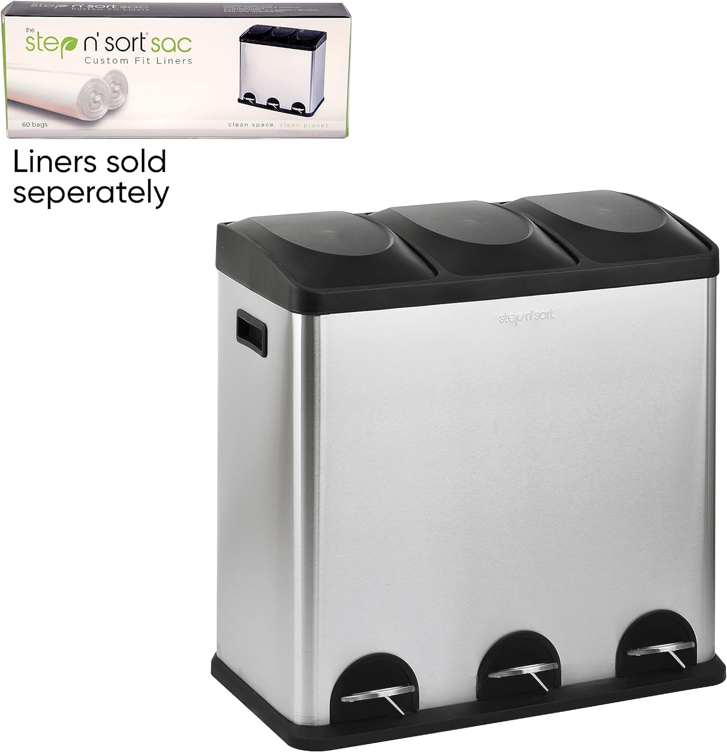 Step N’ Sort 60L 3-Compartment Kitchen Recycling Bin – Triple Waste & Recycling System with Step Pedals (Stainless Steel)