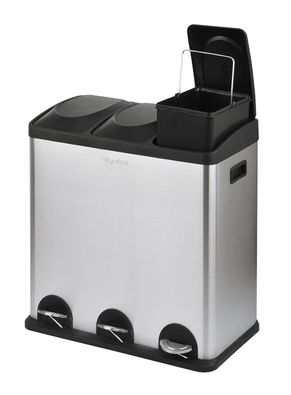 Step N’ Sort 60L 3-Compartment Kitchen Recycling Bin – Triple Waste & Recycling System with Step Pedals (Stainless Steel)
