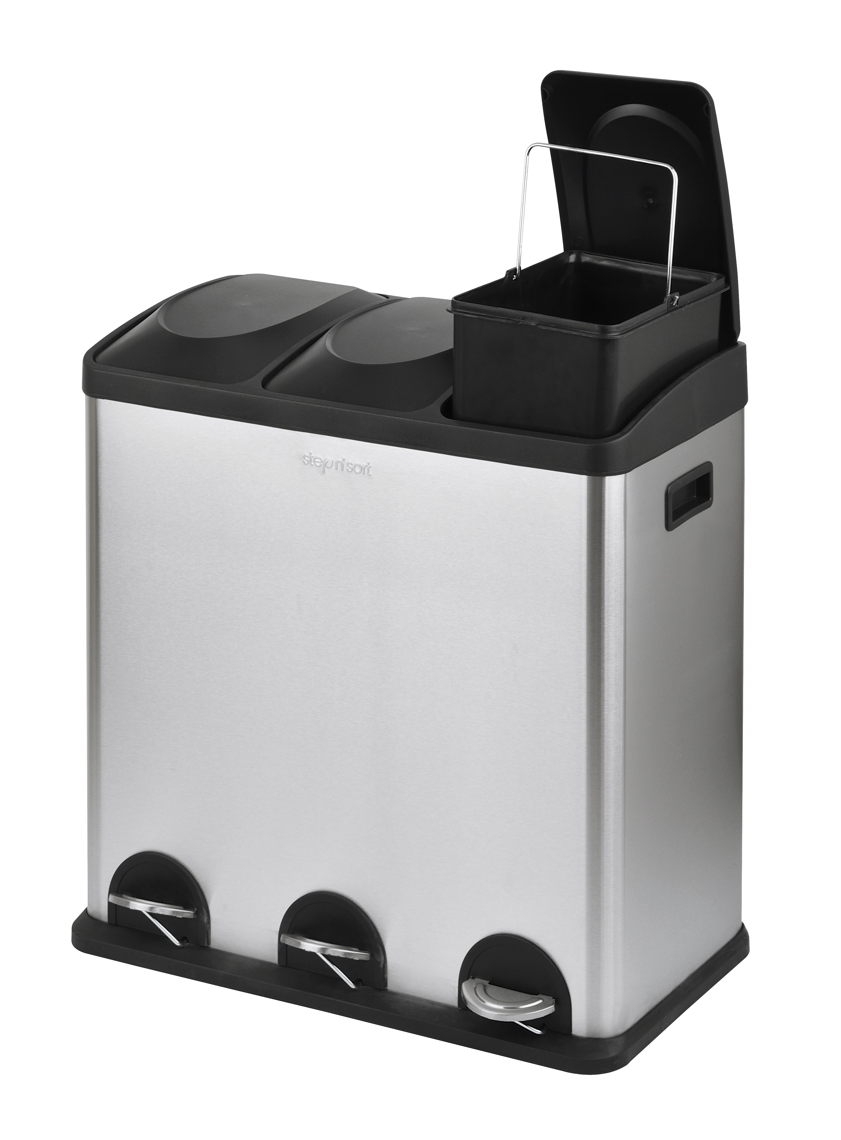 Step N’ Sort 60L 3-Compartment Kitchen Recycling Bin – Triple Waste & Recycling System with Step Pedals (Stainless Steel)