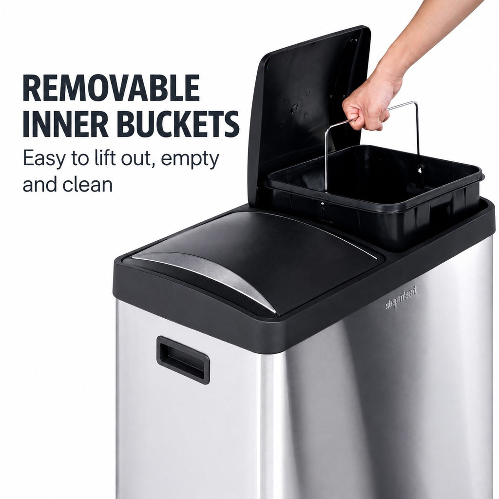 Step N’ Sort 60L Dual Compartment Pedal Recycling & Rubbish Bin – Stainless Steel