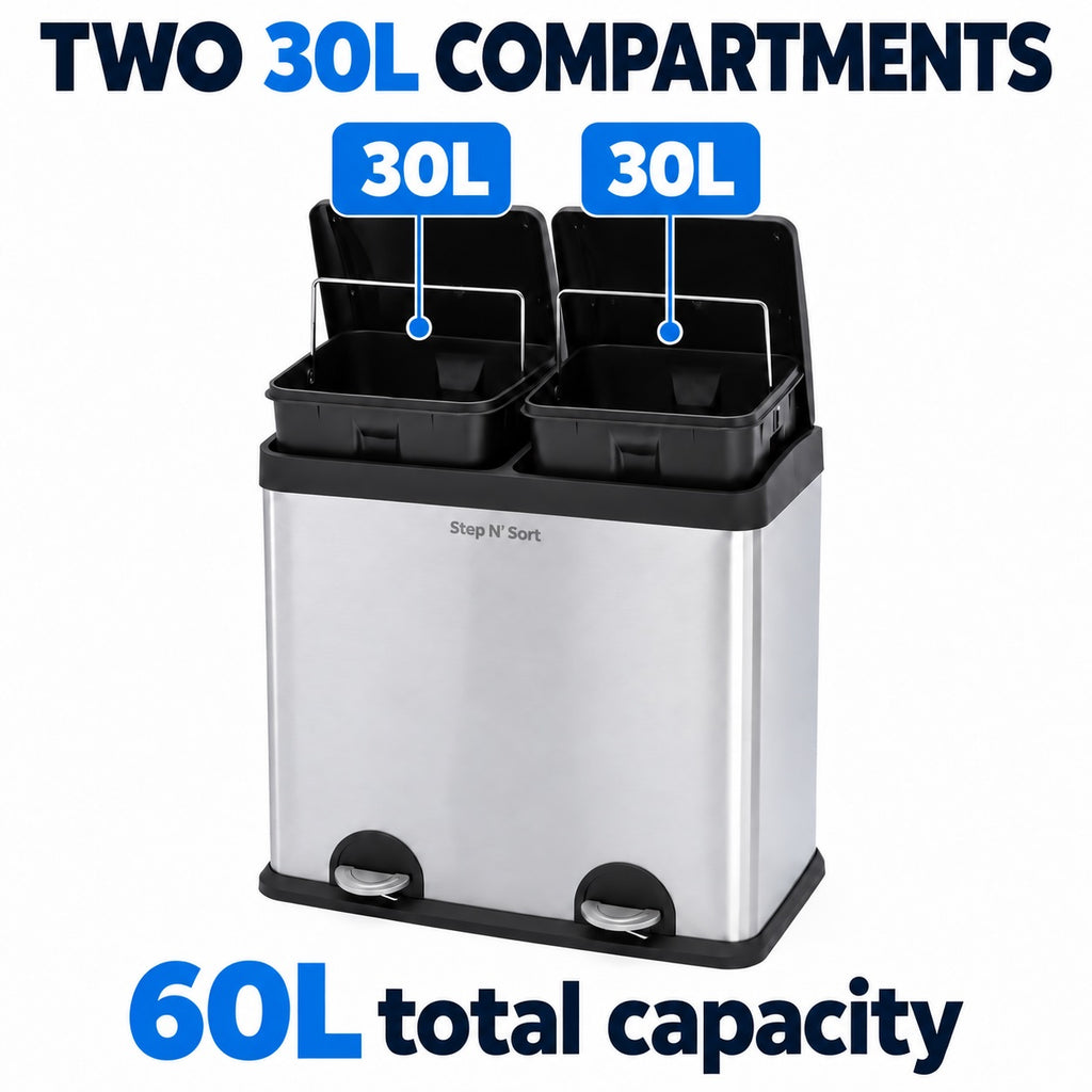 Step N’ Sort 60L Dual Compartment Pedal Recycling & Rubbish Bin – Stainless Steel