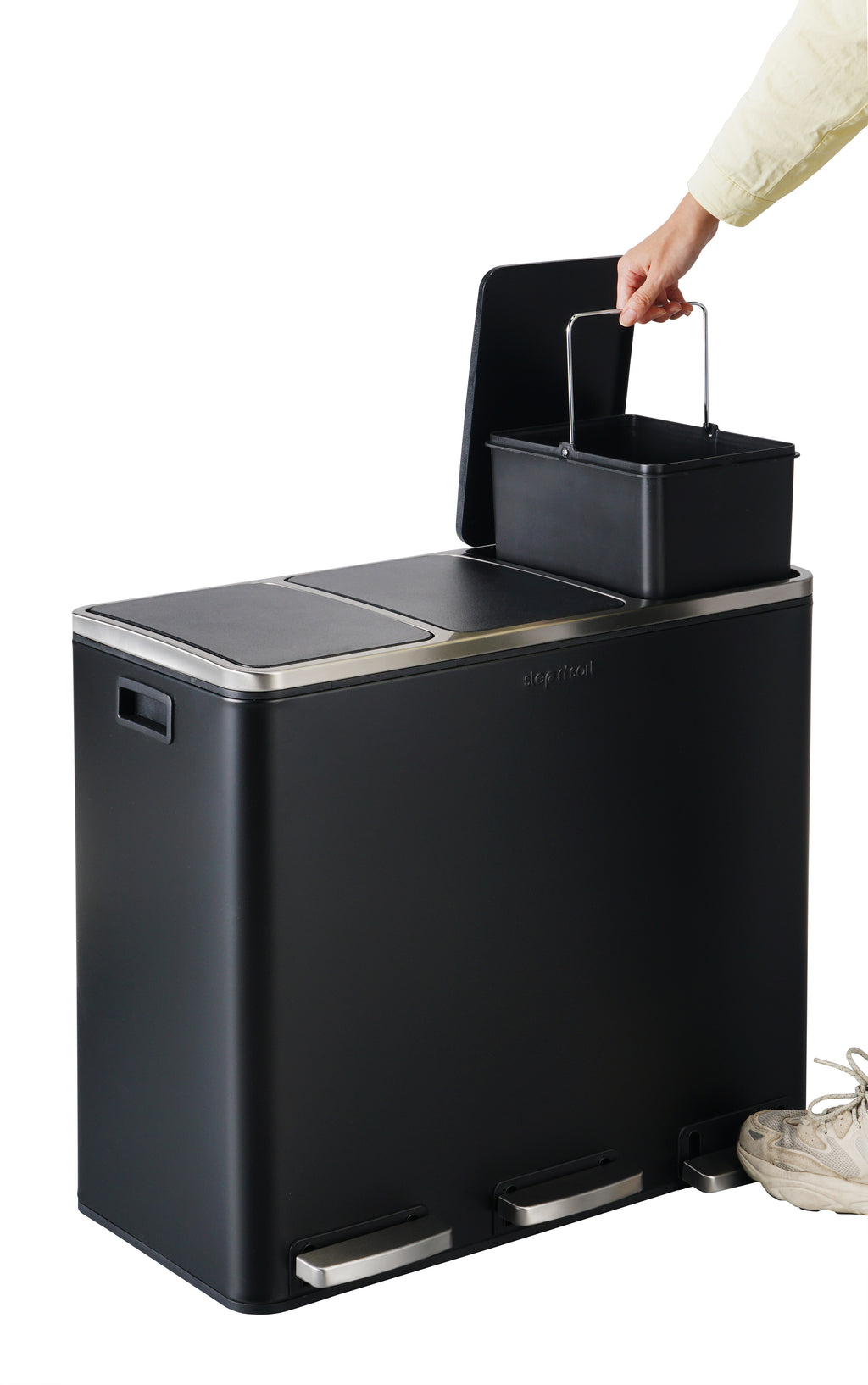Step N’ Sort 54L 3-Compartment Kitchen Recycling Bin – Triple Waste & Recycling System with Step Pedals (Black Stainless Steel)