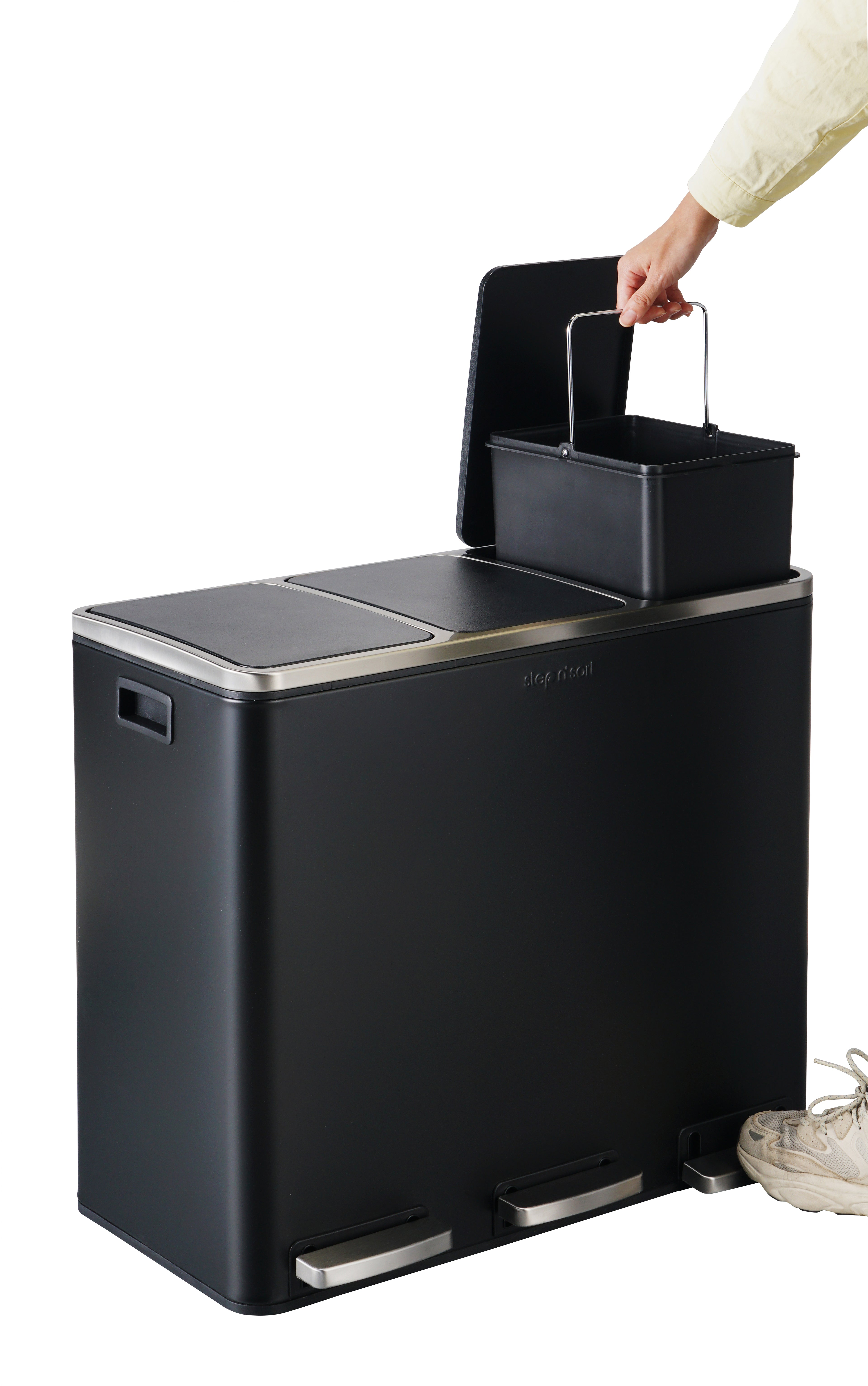 Step N’ Sort 54L 3-Compartment Kitchen Recycling Bin – Triple Waste & Recycling System with Step Pedals (Black Stainless Steel)