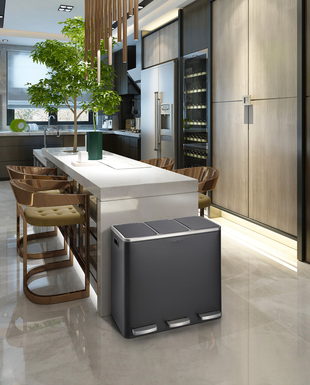 Step N’ Sort 54L 3-Compartment Kitchen Recycling Bin – Triple Waste & Recycling System with Step Pedals (Black Stainless Steel)