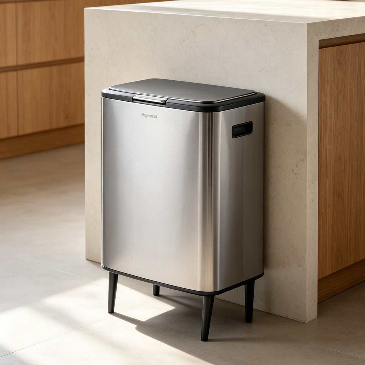 Step N’ Sort 60L Raised Dual Compartment Touch Top Recycling & Rubbish Bin – Stainless Steel