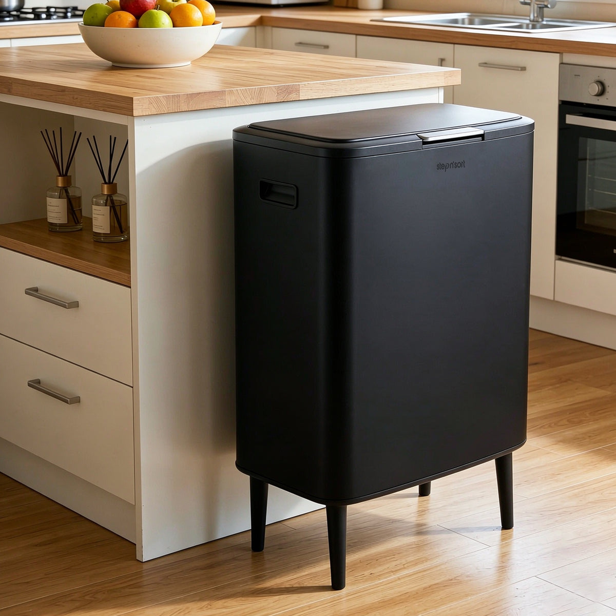 Step N’ Sort 60L Raised Dual Compartment Touch Top Recycling & Rubbish Bin – Matte Black