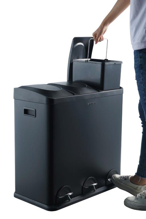 Step N’ Sort 60L 3-Compartment Kitchen Recycling Bin – Triple Waste & Recycling System with Step Pedals (Black Stainless Steel)