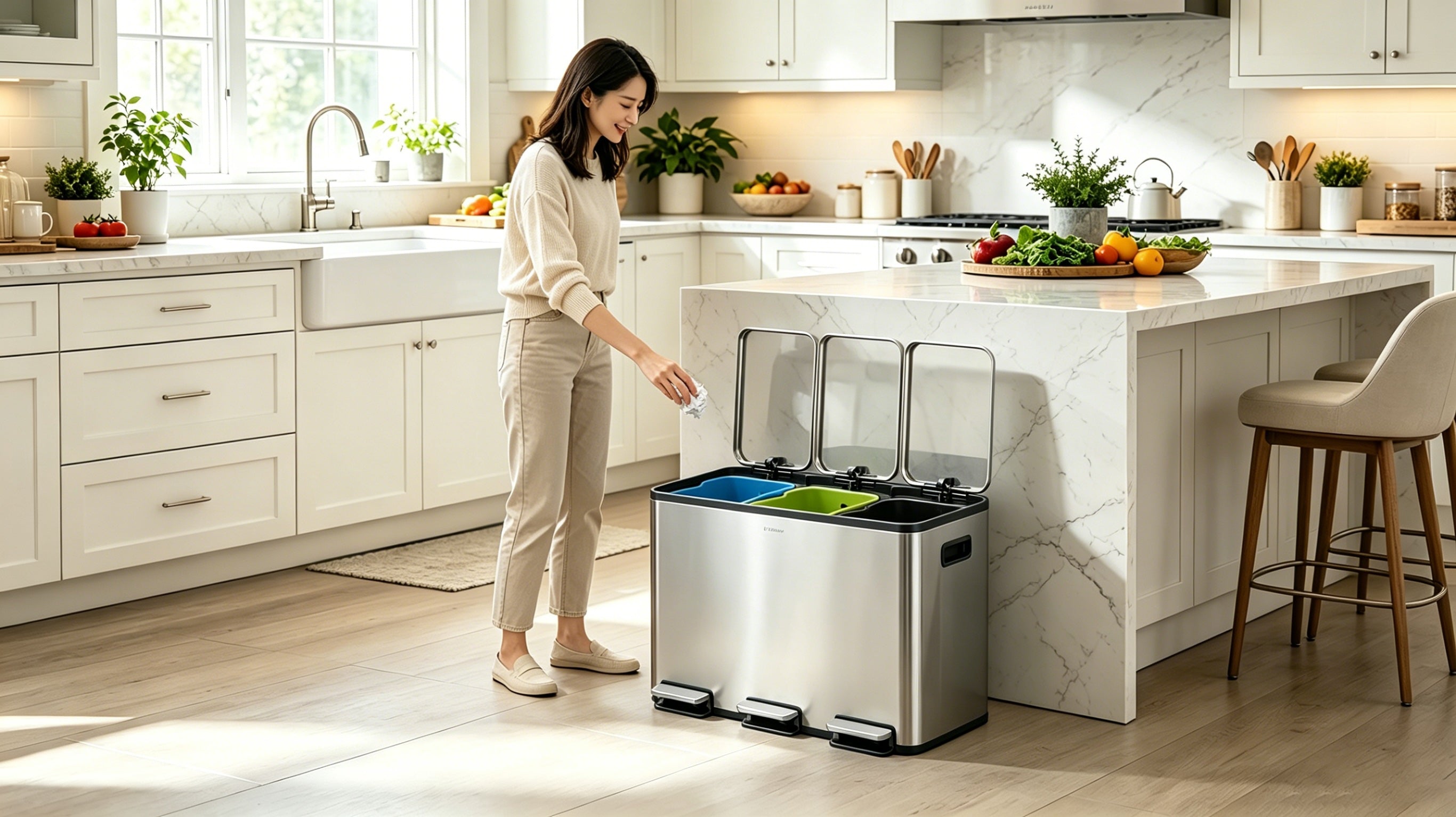 Step N’ Sort 48L 3-Compartment Kitchen Recycling Bin – Triple Waste & Recycling System (3 × 16L), Stainless Steel