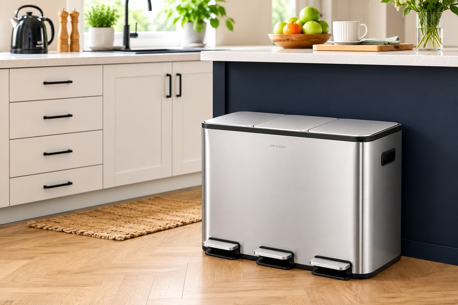 Step N’ Sort 48L 3-Compartment Kitchen Recycling Bin – Triple Waste & Recycling System (3 × 16L), Stainless Steel