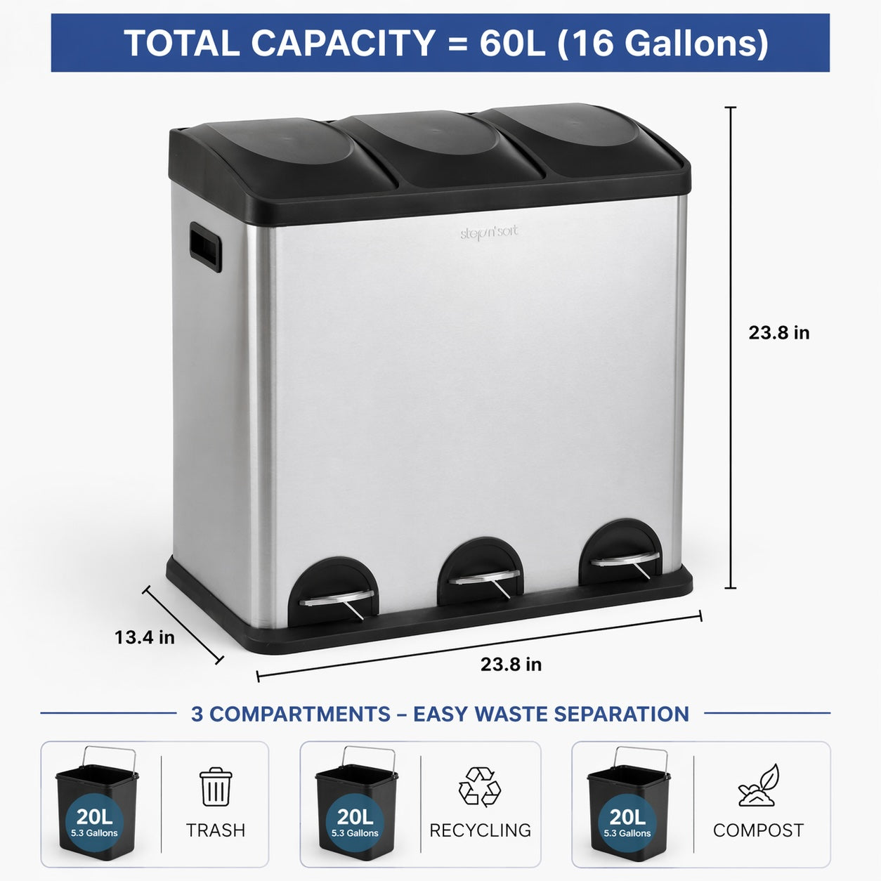Step N’ Sort 60L 3-Compartment Kitchen Recycling Bin – Triple Waste & Recycling System with Step Pedals (Stainless Steel)