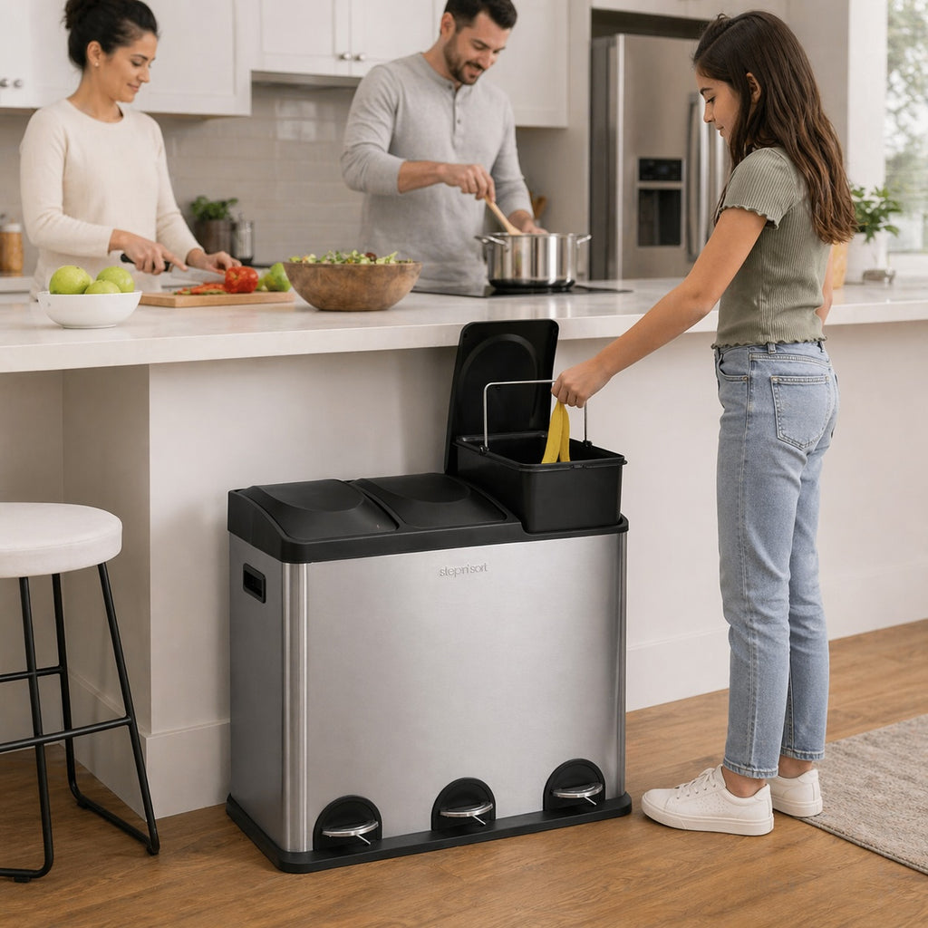 Step N’ Sort 60L 3-Compartment Kitchen Recycling Bin – Triple Waste & Recycling System with Step Pedals (Stainless Steel)
