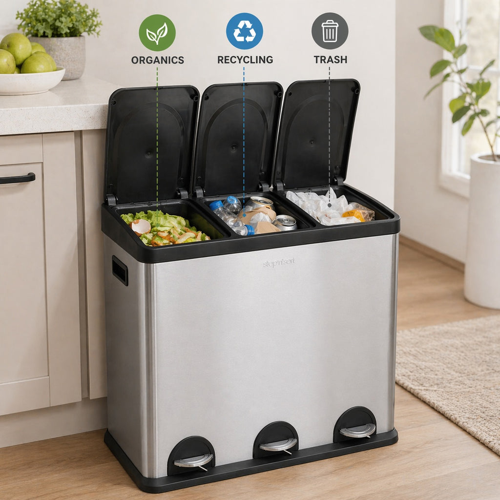 Step N’ Sort 60L 3-Compartment Kitchen Recycling Bin – Triple Waste & Recycling System with Step Pedals (Stainless Steel)