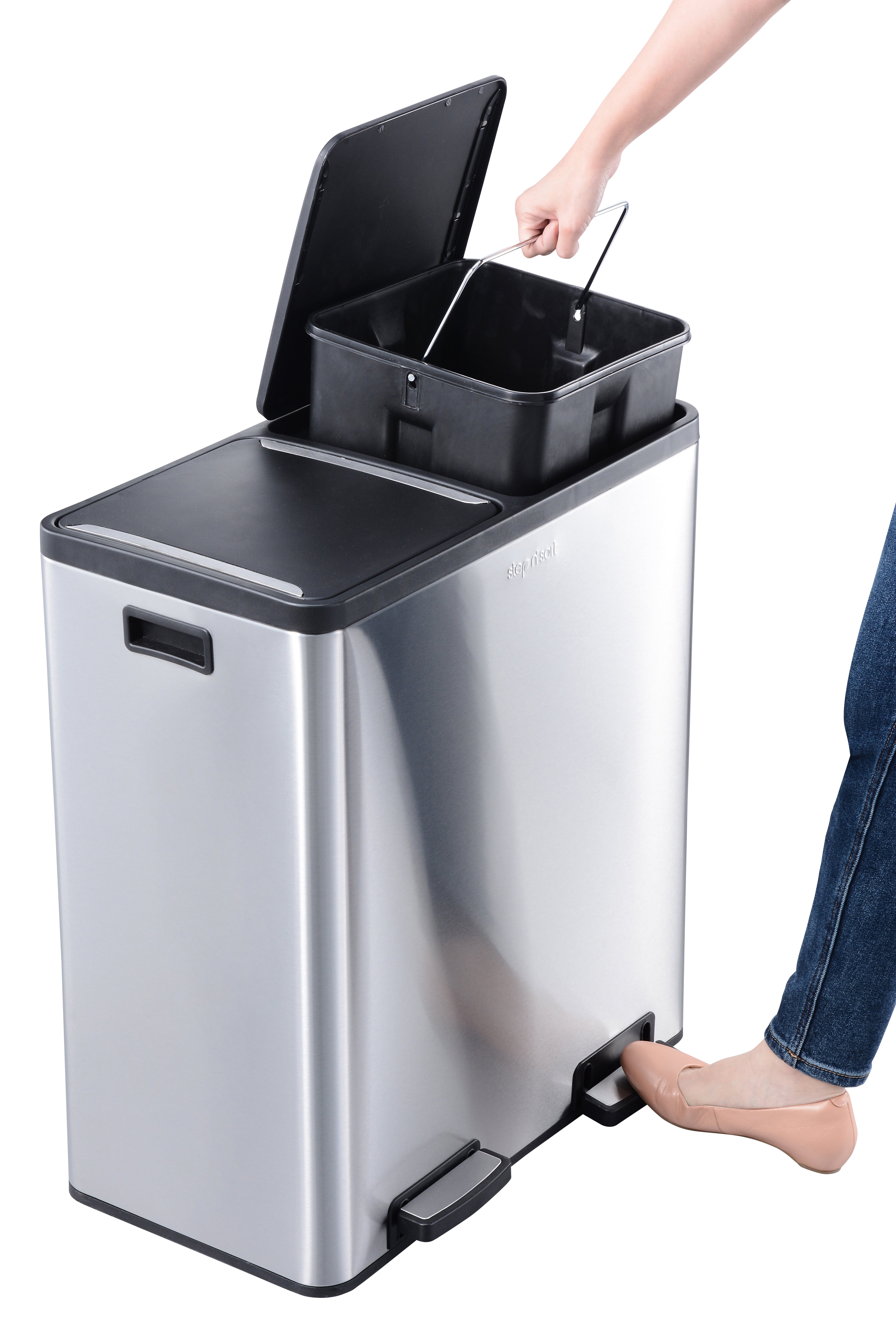 Step N’ Sort 70L Dual Compartment Stainless Steel Rubbish & Recycling Bin – Soft-Close Lid, Hands-Free Pedals, Removable Inner Bins
