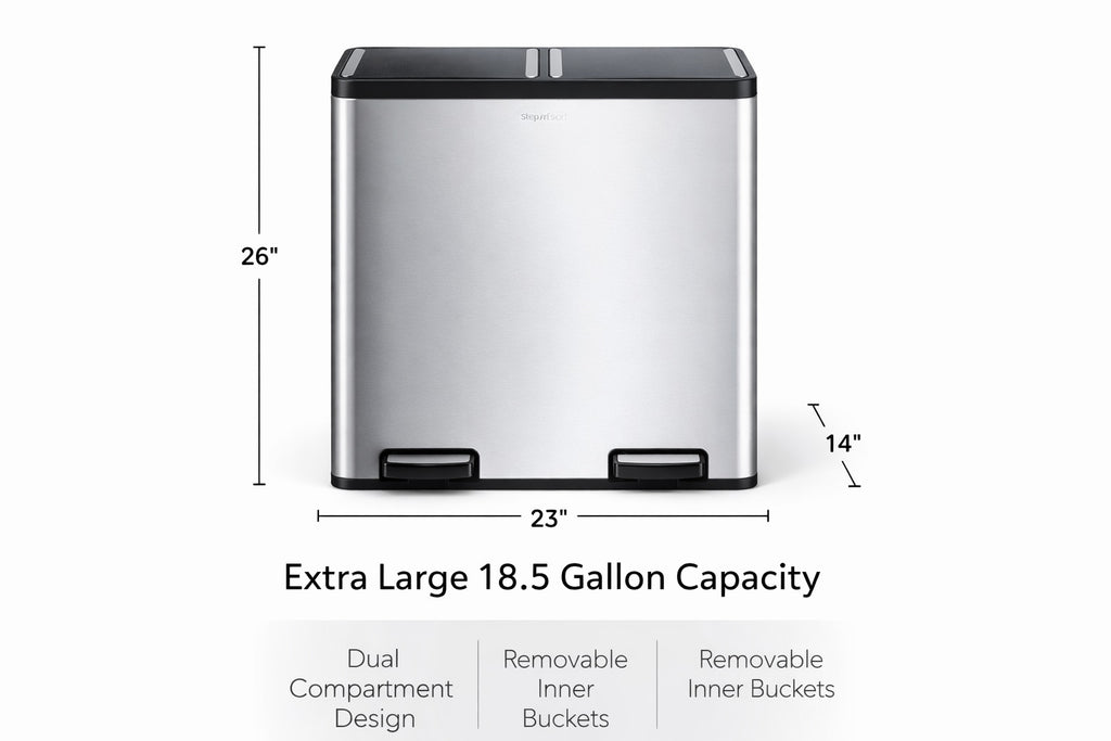 Step N’ Sort 70L Dual Compartment Stainless Steel Rubbish & Recycling Bin – Soft-Close Lid, Hands-Free Pedals, Removable Inner Bins