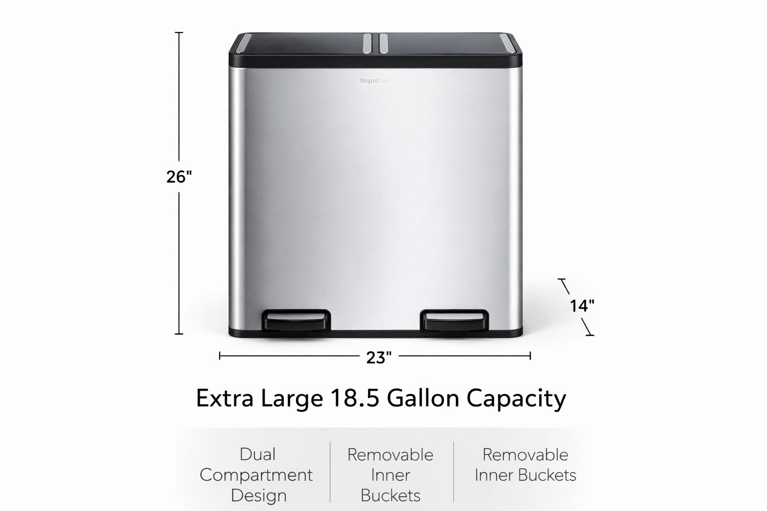 Step N’ Sort 70L Dual Compartment Stainless Steel Rubbish & Recycling Bin – Soft-Close Lid, Hands-Free Pedals, Removable Inner Bins