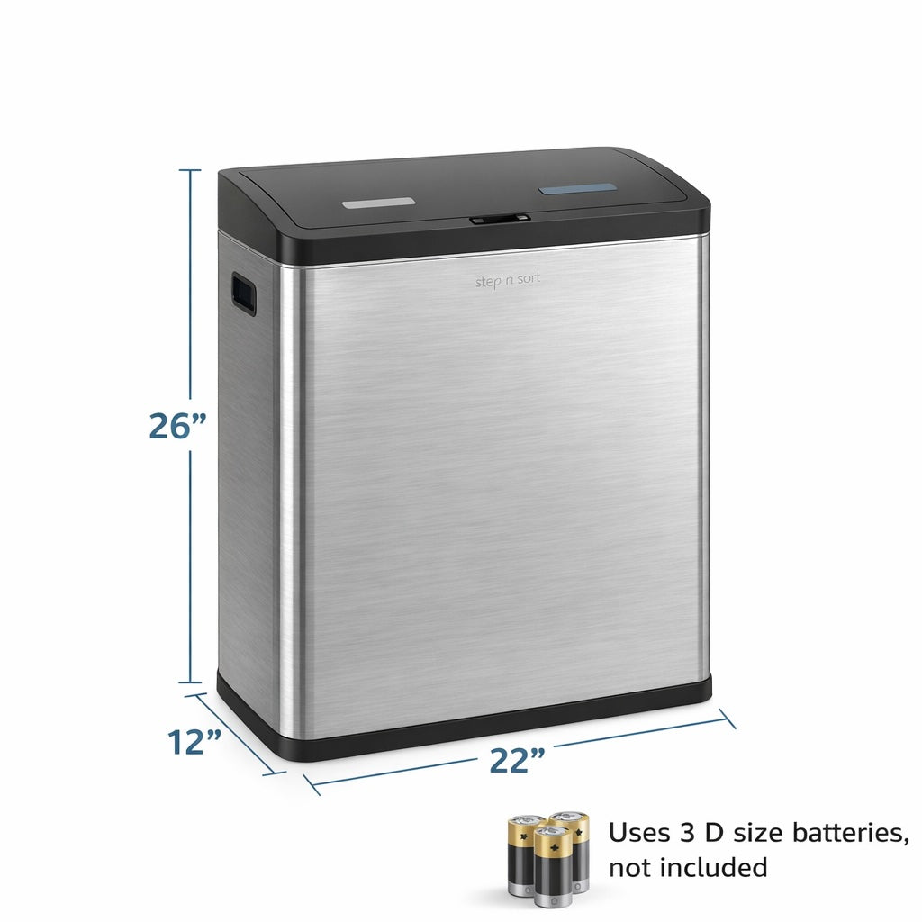 Step N’ Sort 60L Touchless Dual Recycling & Waste Bin – Motion Sensor Kitchen Bin with Removable Inner Compartments (Stainless Steel)