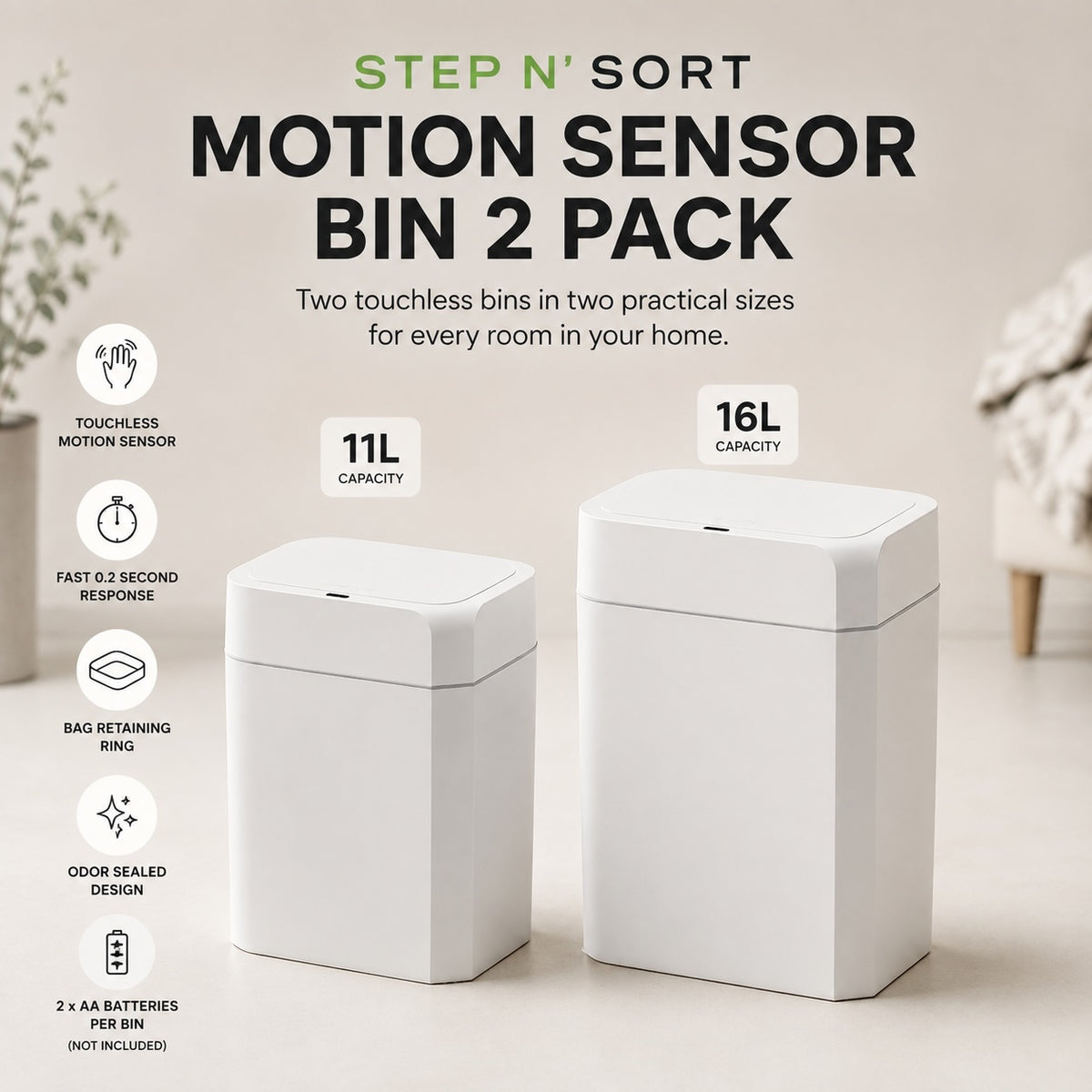 Step N’ Sort Motion Sensor Bins – 2 Pack Touchless Bin Set (16L + 11L)