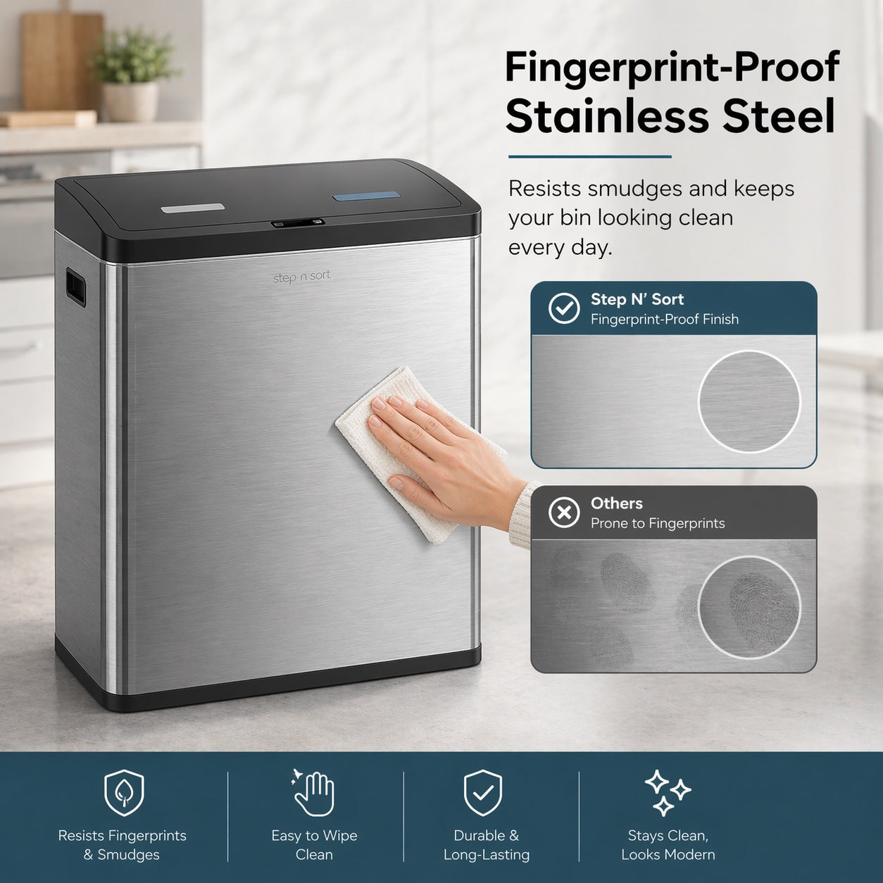 Step N’ Sort 60L Touchless Dual Recycling & Waste Bin – Motion Sensor Kitchen Bin with Removable Inner Compartments (Stainless Steel)
