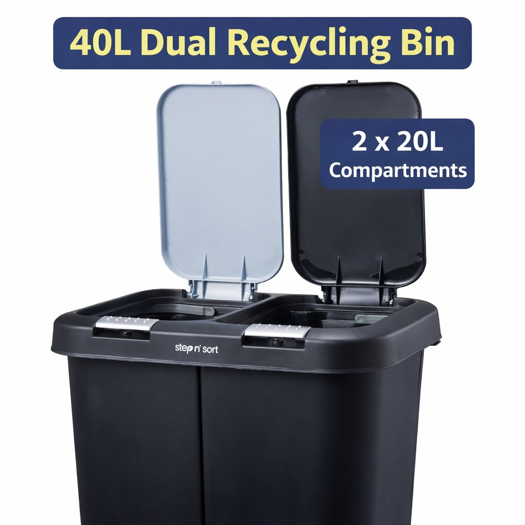 Step N’ Sort 40L Dual Compartment Recycling Bin – Slim Space-Saving Kitchen Waste System (2 × 20L), Black