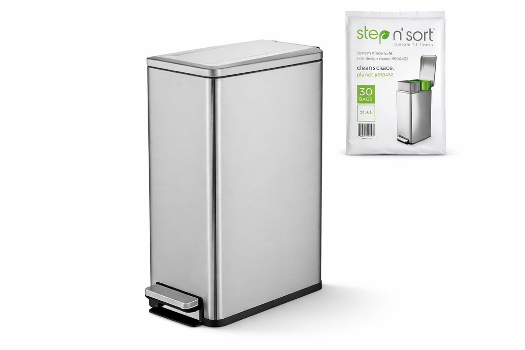 Step N' Sort Slim Dual Recycling Bin – 43L (2 x 21.5L) Soft Close Kitchen Trash Can – Space Saving , Stainless Steel