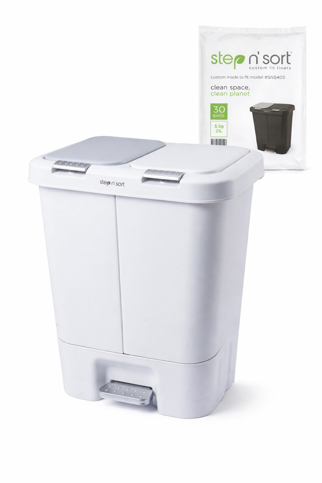 Space-saving dual trash and recycling bin with 40L capacity and hands-free operation