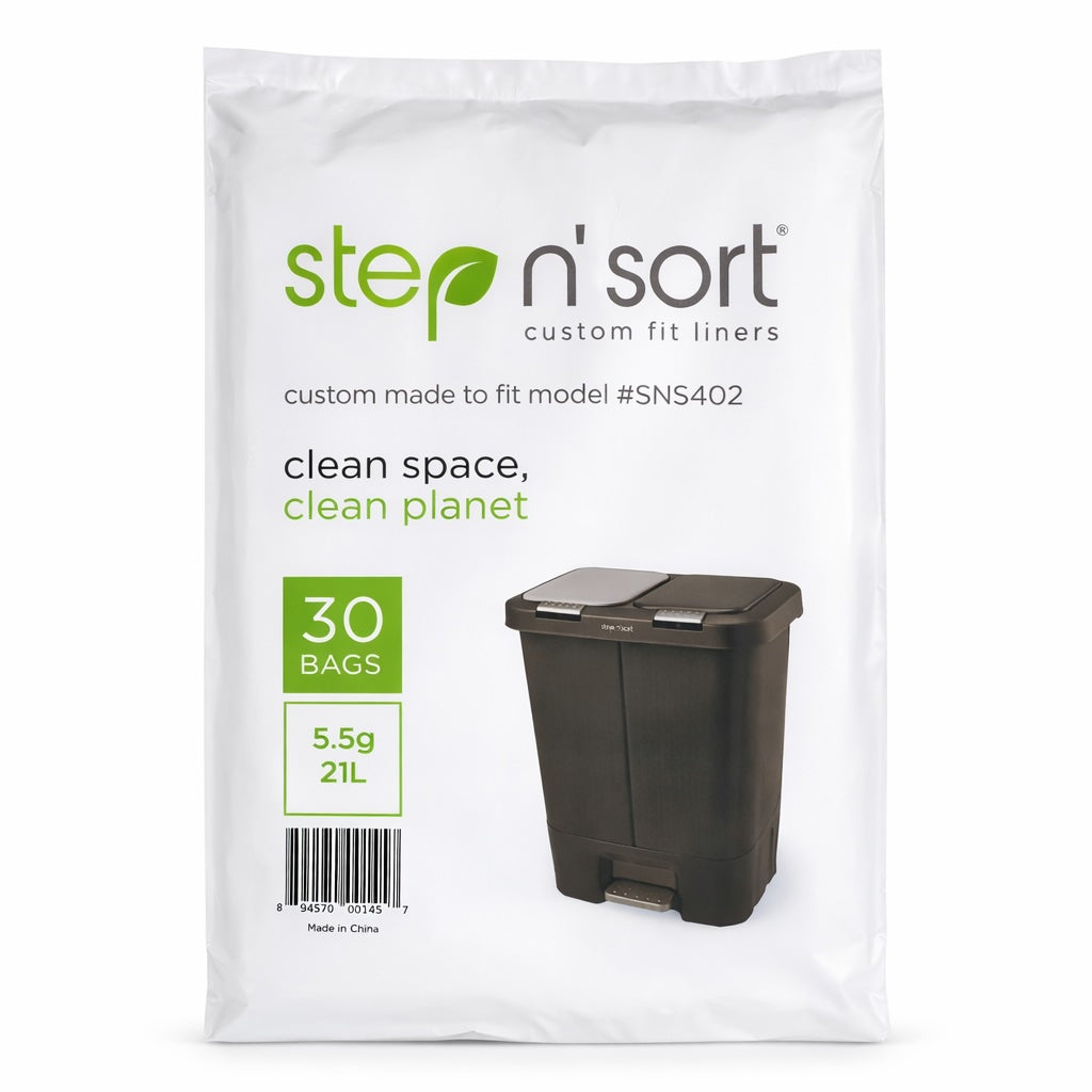 Step 'n Sort custom fit liners packaging with a trash bin on a white background