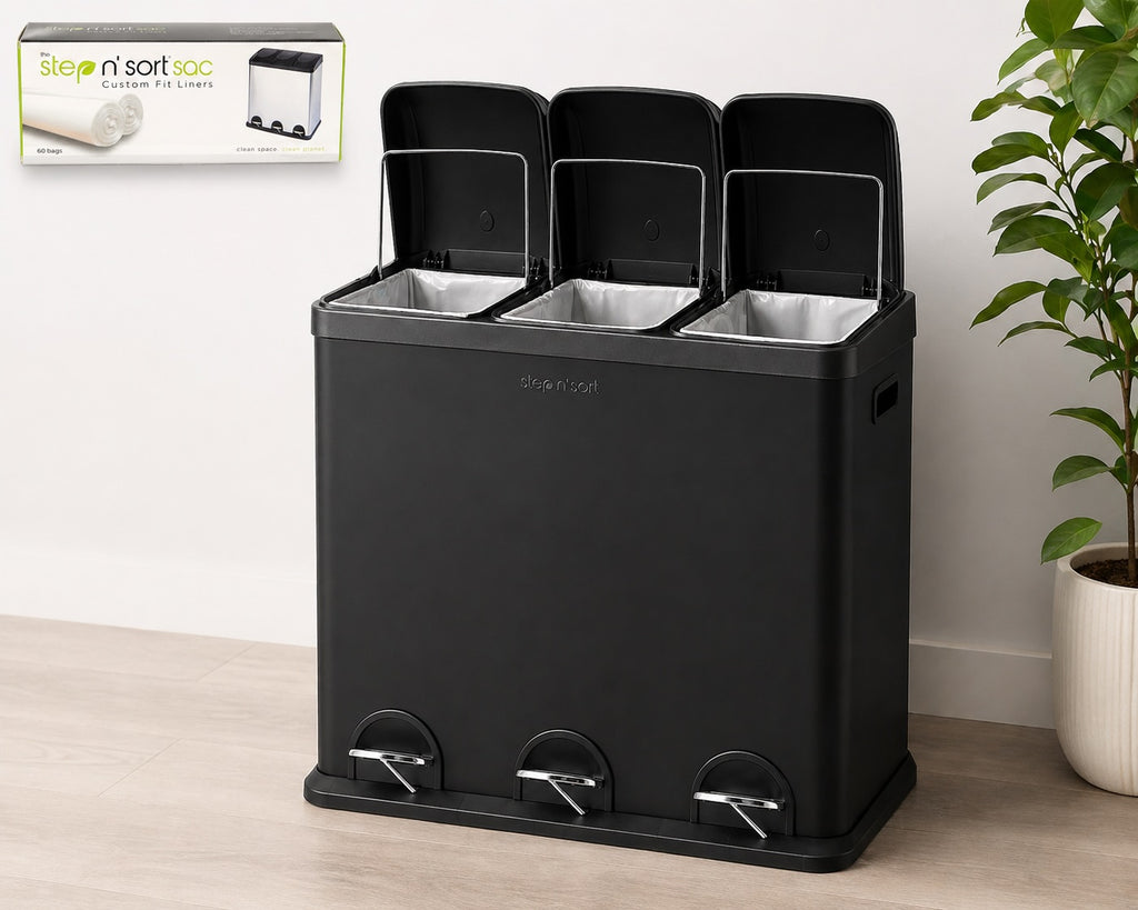Step N’ Sort 60L 3-Compartment Kitchen Recycling Bin – Triple Waste & Recycling System with Step Pedals (Black Stainless Steel)