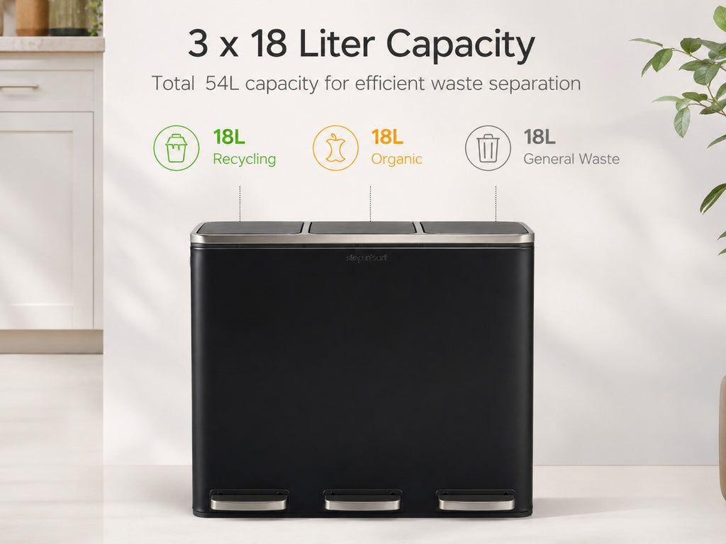Step N’ Sort 54L 3-Compartment Kitchen Recycling Bin – Triple Waste & Recycling System with Step Pedals (Black Stainless Steel)